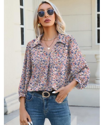 Womens 3/4 Sleeve Chiffon Blouses V Neck Collared Dressy Summer Tops Business Casual Tunic Shirts F2-pink Floral $17.66 Blouses