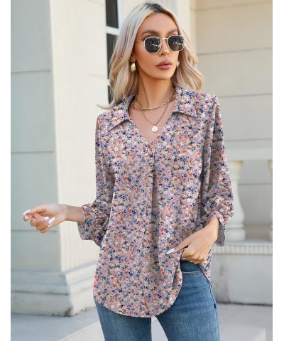 Womens 3/4 Sleeve Chiffon Blouses V Neck Collared Dressy Summer Tops Business Casual Tunic Shirts F2-pink Floral $17.66 Blouses