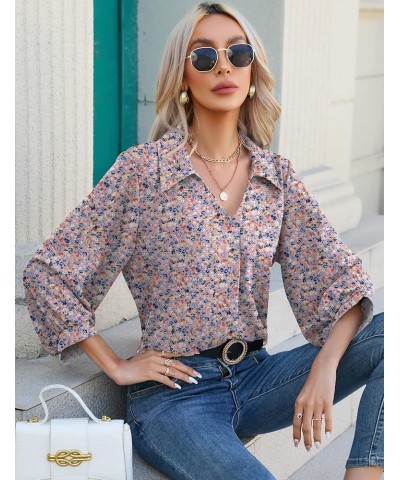 Womens 3/4 Sleeve Chiffon Blouses V Neck Collared Dressy Summer Tops Business Casual Tunic Shirts F2-pink Floral $17.66 Blouses