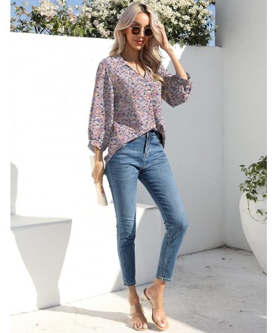 Womens 3/4 Sleeve Chiffon Blouses V Neck Collared Dressy Summer Tops Business Casual Tunic Shirts F2-pink Floral $17.66 Blouses