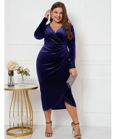 2023 Plus Size Velvet Wrap Dress Ruched Bodycon Dress Long Sleeves Ruffle Long Elegant Party Wedding Guest Cocktail Navy, Lon...