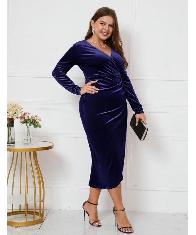 2023 Plus Size Velvet Wrap Dress Ruched Bodycon Dress Long Sleeves Ruffle Long Elegant Party Wedding Guest Cocktail Navy, Lon...