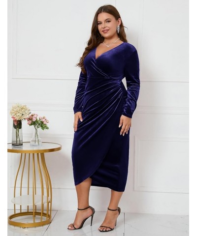 2023 Plus Size Velvet Wrap Dress Ruched Bodycon Dress Long Sleeves Ruffle Long Elegant Party Wedding Guest Cocktail Navy, Lon...