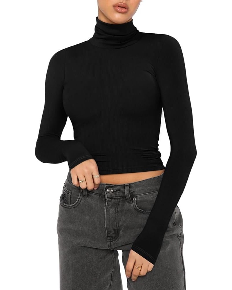 Women's Fall Turtleneck Long Sleeve Ribbed Slim Fitted Tshirts Trendy Basic Y2K Crop Top Black $11.79 T-Shirts