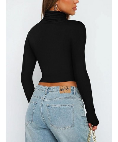 Women's Fall Turtleneck Long Sleeve Ribbed Slim Fitted Tshirts Trendy Basic Y2K Crop Top Black $11.79 T-Shirts