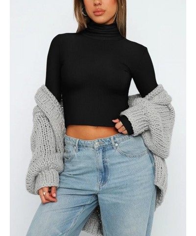 Women's Fall Turtleneck Long Sleeve Ribbed Slim Fitted Tshirts Trendy Basic Y2K Crop Top Black $11.79 T-Shirts