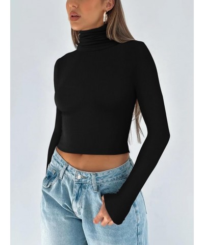 Women's Fall Turtleneck Long Sleeve Ribbed Slim Fitted Tshirts Trendy Basic Y2K Crop Top Black $11.79 T-Shirts