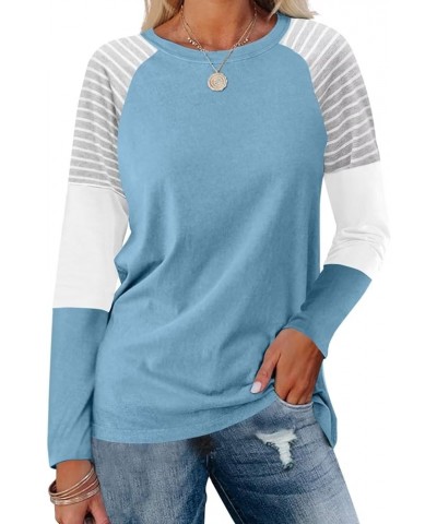 Women's Color Block Tunic Tops Casual Long Sleeve Shirts Round Neck Pullover B Blue $11.79 Tops