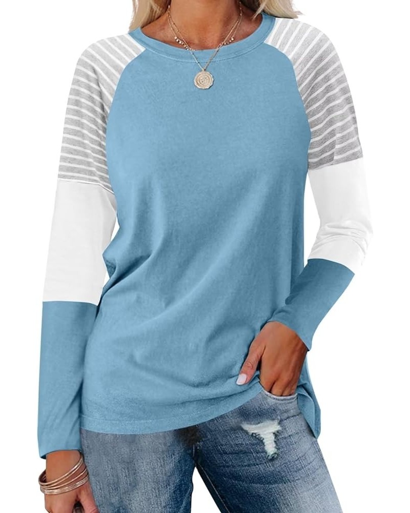 Women's Color Block Tunic Tops Casual Long Sleeve Shirts Round Neck Pullover B Blue $11.79 Tops