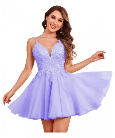 V Neck Homecoming Dreses for Teens Lace Applique A-Line Beaded Tulle Short CCocktail Prom Gown Lavender $36.00 Dresses