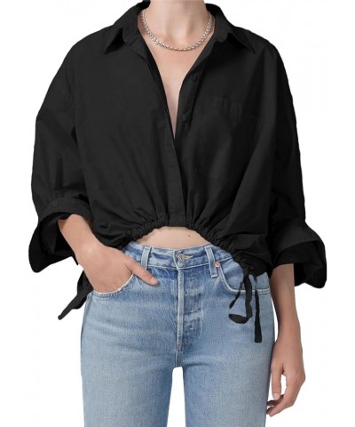 Women's Button Down Shirt Long Sleeve Drawstring Tie Hem Casual Loose Blouse Top Black $15.75 Blouses