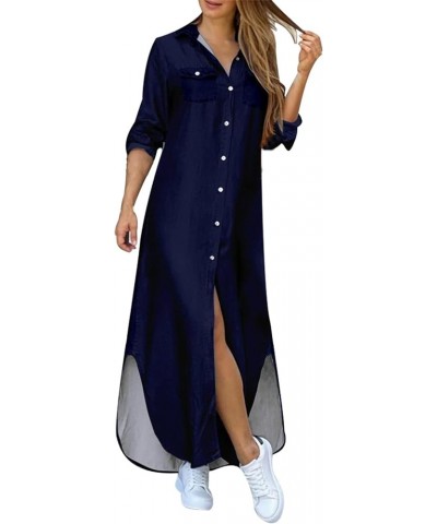 Long Shirt Dress for Women Button Down Collar Printed Casual Maxi Dress with Pocket Loose Long Sleeve Relaxed Split Hem Dress...