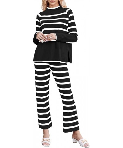 Women's 2 piece outfits Oversized Striped Knit Lounge Sets Cozy Pullover Tops Wide Leg Pants Sweatsuit Black $11.04 Activewear