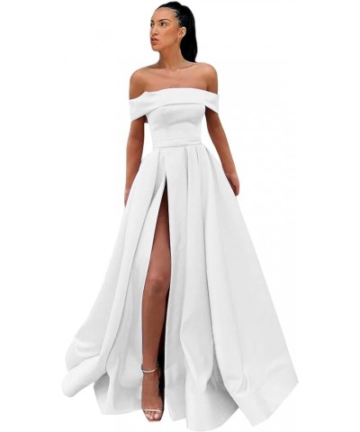 Women's Off Shoulder Prom Dresses Long Ball Gown Slit Backless Formal Evening Gown Party Dress with Pockets White $40.85 Dresses