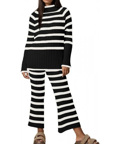 Women's 2 piece outfits Oversized Striped Knit Lounge Sets Cozy Pullover Tops Wide Leg Pants Sweatsuit Black $11.04 Activewear