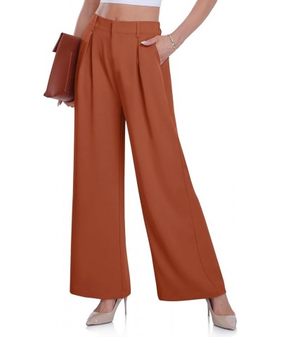 Women's Wide Leg Dress Pants High Elastic Waisted in The Back Business Work Causal Trousers Long Straight Suit Pants Red Brow...