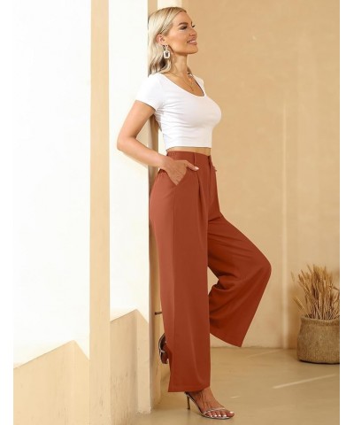 Women's Wide Leg Dress Pants High Elastic Waisted in The Back Business Work Causal Trousers Long Straight Suit Pants Red Brow...