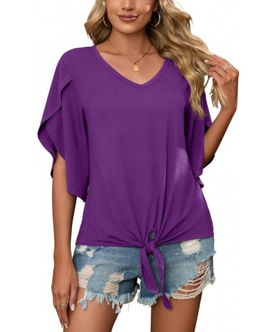 Women's Tie Front Blouses V Neck 3/4 Split Sleeve Summer Knot Tops Shirts Vg Dark Purple $12.76 Tops