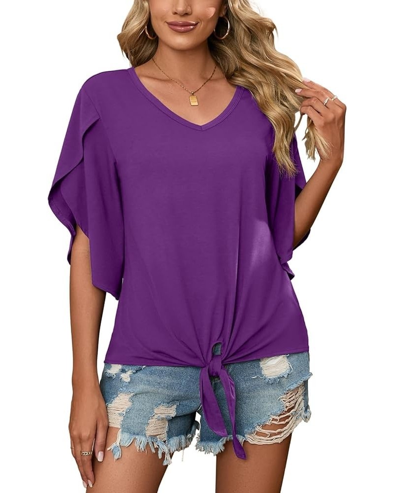 Women's Tie Front Blouses V Neck 3/4 Split Sleeve Summer Knot Tops Shirts Vg Dark Purple $12.76 Tops