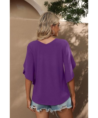 Women's Tie Front Blouses V Neck 3/4 Split Sleeve Summer Knot Tops Shirts Vg Dark Purple $12.76 Tops