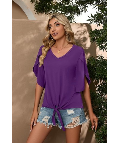 Women's Tie Front Blouses V Neck 3/4 Split Sleeve Summer Knot Tops Shirts Vg Dark Purple $12.76 Tops