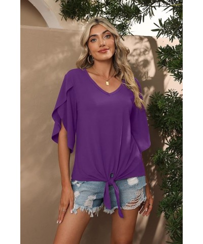 Women's Tie Front Blouses V Neck 3/4 Split Sleeve Summer Knot Tops Shirts Vg Dark Purple $12.76 Tops