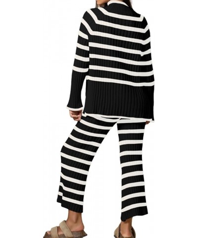 Women's 2 piece outfits Oversized Striped Knit Lounge Sets Cozy Pullover Tops Wide Leg Pants Sweatsuit Black $11.04 Activewear