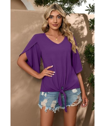 Women's Tie Front Blouses V Neck 3/4 Split Sleeve Summer Knot Tops Shirts Vg Dark Purple $12.76 Tops