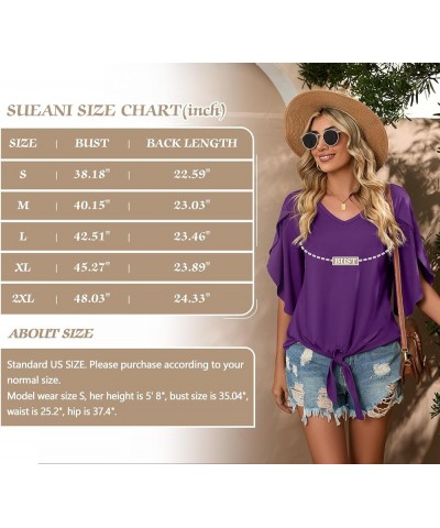 Women's Tie Front Blouses V Neck 3/4 Split Sleeve Summer Knot Tops Shirts Vg Dark Purple $12.76 Tops