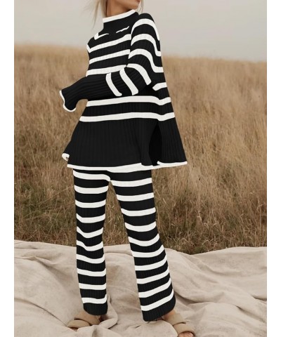 Women's 2 piece outfits Oversized Striped Knit Lounge Sets Cozy Pullover Tops Wide Leg Pants Sweatsuit Black $11.04 Activewear