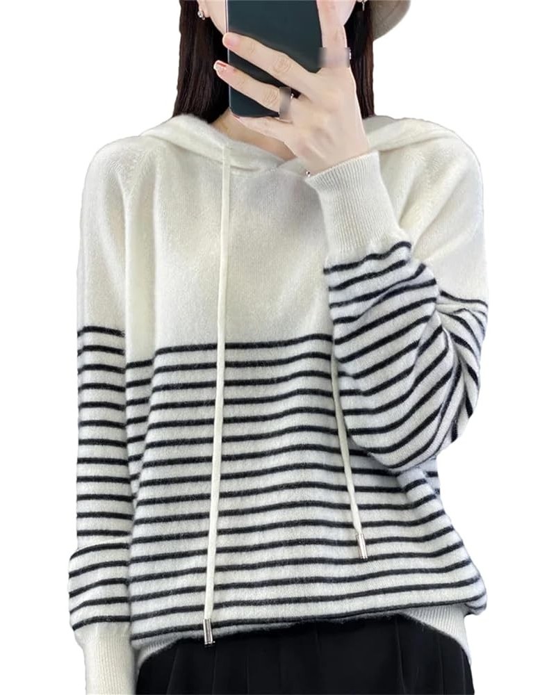 Women's Hoodies Merino Wool Sweater Striped Long Sleeve Casual Loose Pullover Cashmere Fashion Knit White $32.90 Sweaters