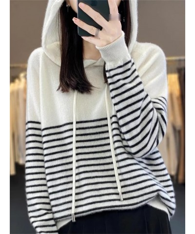 Women's Hoodies Merino Wool Sweater Striped Long Sleeve Casual Loose Pullover Cashmere Fashion Knit White $32.90 Sweaters