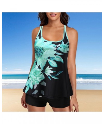 Tropical Print Tummy Control Tankini Sets Swimsuits Summer Women Loose Fit Bathing Suit Beach Hawaii Flowy Swimwear Mint Gree...