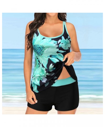 Tropical Print Tummy Control Tankini Sets Swimsuits Summer Women Loose Fit Bathing Suit Beach Hawaii Flowy Swimwear Mint Gree...