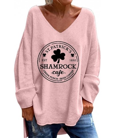 St Patricks Day Shirt Women's St. Day Letter Print V Neck Long Sleeved Loose Casual and Comfortable T Shirt Top A1-pink $5.75...