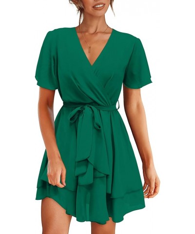 Women's 2024 Summer Short Sleeve V Neck Dresses Elegant Solid Tie Waist Swing Ruffle Faux Wrap Party Mini Dress Solid Green $...