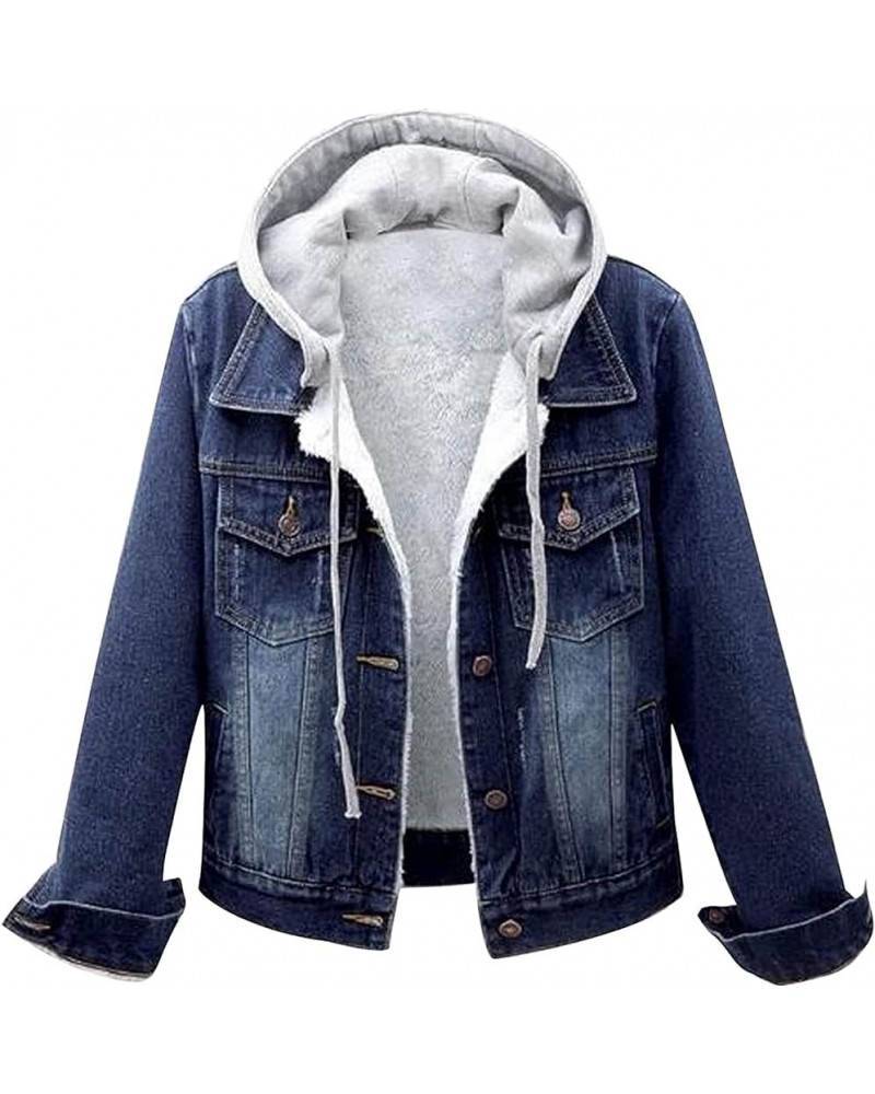 Women's Oversized Denim Hoodie Jackets Classic Casual Stretch Vintage Stretchy Button Down Jean Trucker Denim Jacket Dark Blu...