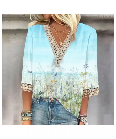 Womens Summer Tops 2023 Lace Deep V Neck Puff 3/4 Sleeve Shirt Fashion Print Blouse Casual Top Comfort Pullover 09-cyan $9.00...