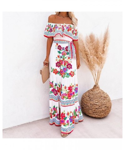 Women's Mexican Off Shoulder Maxi Dress Summer Loose Floral Print Ruffle Neck Sleeveless Beach Vacation Maxi Dress Floral Pri...