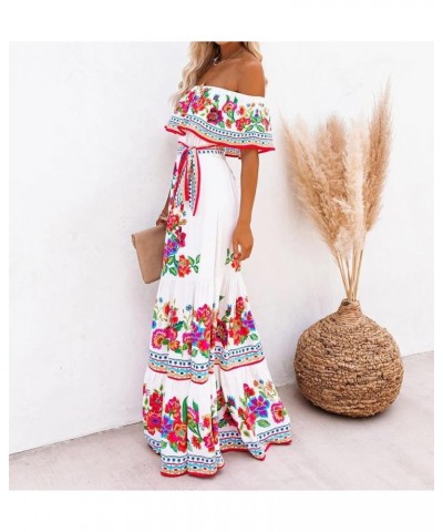 Women's Mexican Off Shoulder Maxi Dress Summer Loose Floral Print Ruffle Neck Sleeveless Beach Vacation Maxi Dress Floral Pri...