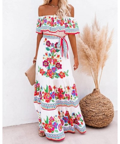 Women's Mexican Off Shoulder Maxi Dress Summer Loose Floral Print Ruffle Neck Sleeveless Beach Vacation Maxi Dress Floral Pri...