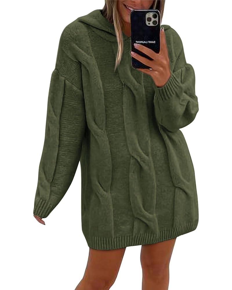 Womens Fashion 2024 Fall Winter Oversized Cable Knit Hooded Sweater Dress Long Sleeve Chunky Pullover Sweaters Army Green $22...