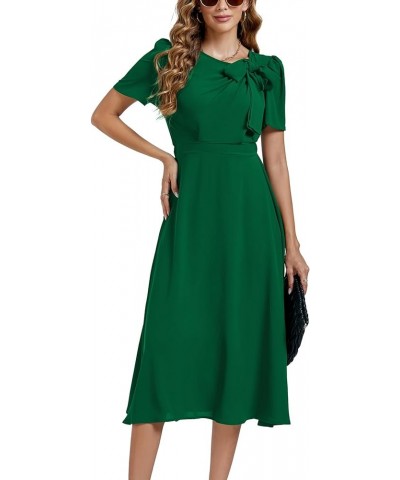 Women's Elegant Bow Tie Crew Neck Short Sleeve Ruffle A-Line Swing Midi Dress Dark Green $21.16 Dresses