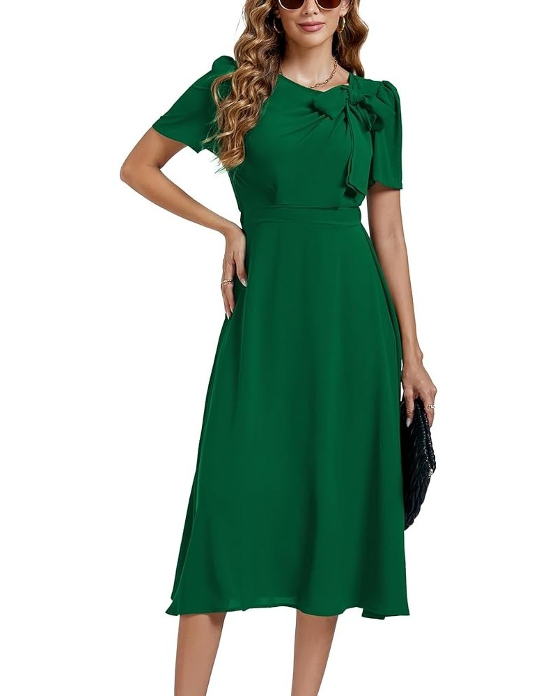 Women's Elegant Bow Tie Crew Neck Short Sleeve Ruffle A-Line Swing Midi Dress Dark Green $21.16 Dresses