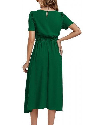 Women's Elegant Bow Tie Crew Neck Short Sleeve Ruffle A-Line Swing Midi Dress Dark Green $21.16 Dresses