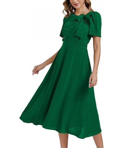 Women's Elegant Bow Tie Crew Neck Short Sleeve Ruffle A-Line Swing Midi Dress Dark Green $21.16 Dresses