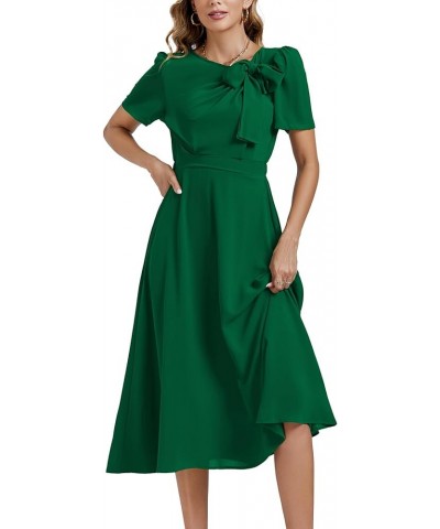 Women's Elegant Bow Tie Crew Neck Short Sleeve Ruffle A-Line Swing Midi Dress Dark Green $21.16 Dresses