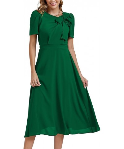 Women's Elegant Bow Tie Crew Neck Short Sleeve Ruffle A-Line Swing Midi Dress Dark Green $21.16 Dresses