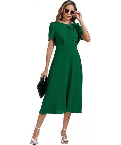 Women's Elegant Bow Tie Crew Neck Short Sleeve Ruffle A-Line Swing Midi Dress Dark Green $21.16 Dresses