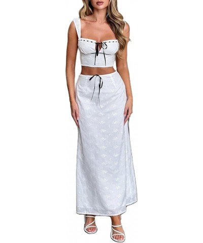 Women Y2k 2 Piece Maxi Skirt Set Sleeveless Crop Top Slim Fit Long Skirt Sexy Party Streetwear Outfits E 66 White $16.23 Suits